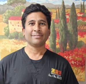 Portrait of Dr. Chetan K. Mehta smiling in dark medical scrubs against a painted landscape background.