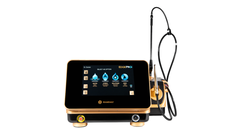 Modern dental laser system console featuring a black digital touchscreen control panel and attached handpiece tubing on a white background.